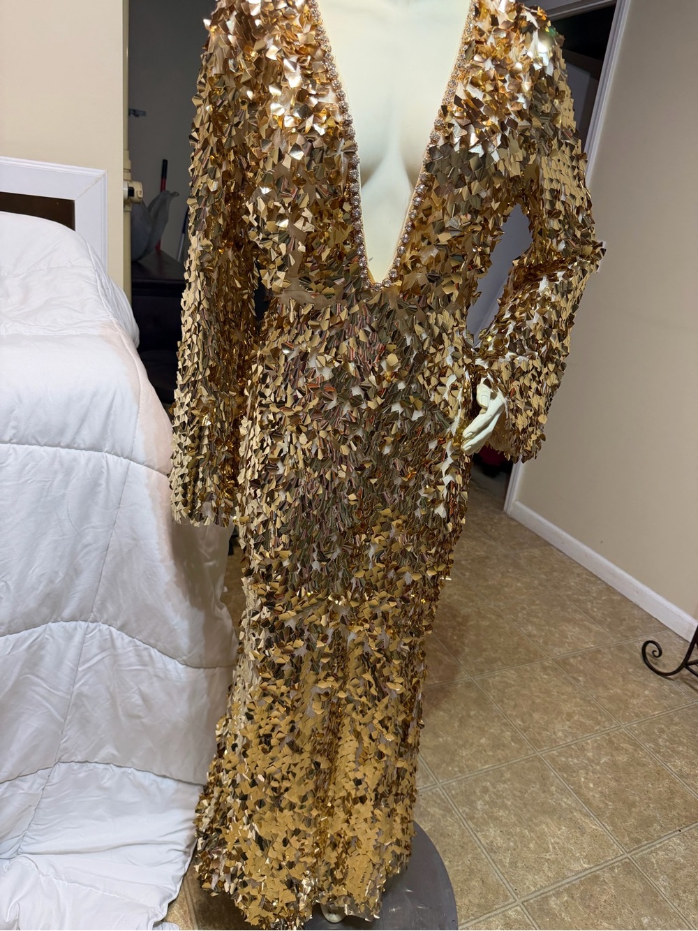 Fashion Nova Gold Sequin Long Sleeve Deep V Gown
